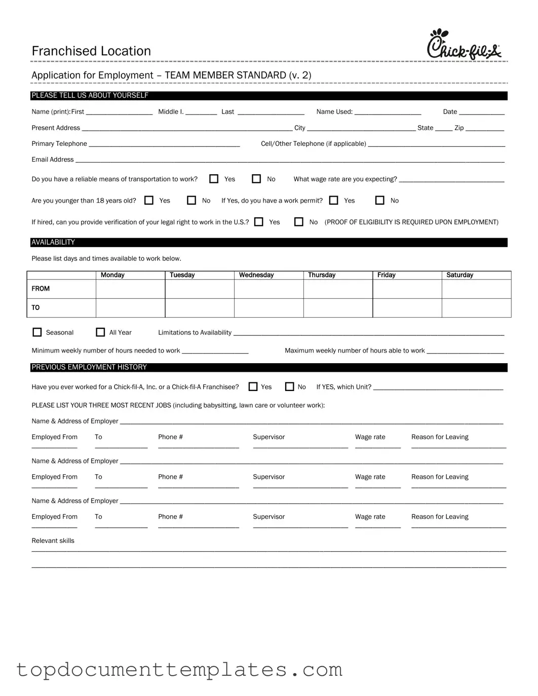 Blank Chick Fil A Job Application PDF Form