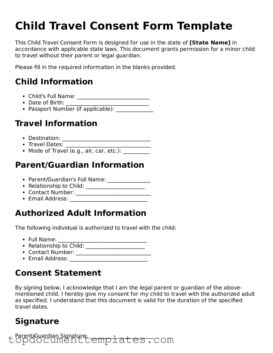 Official Child Travel Consent Form Template