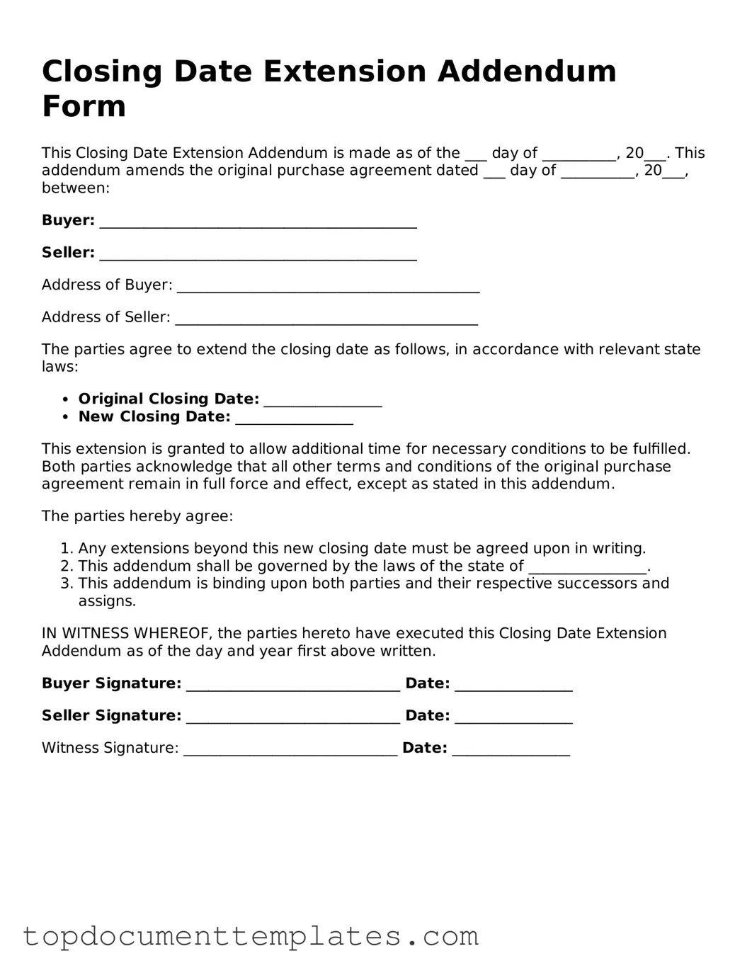 Official Closing Date Extension Addendum Form Template