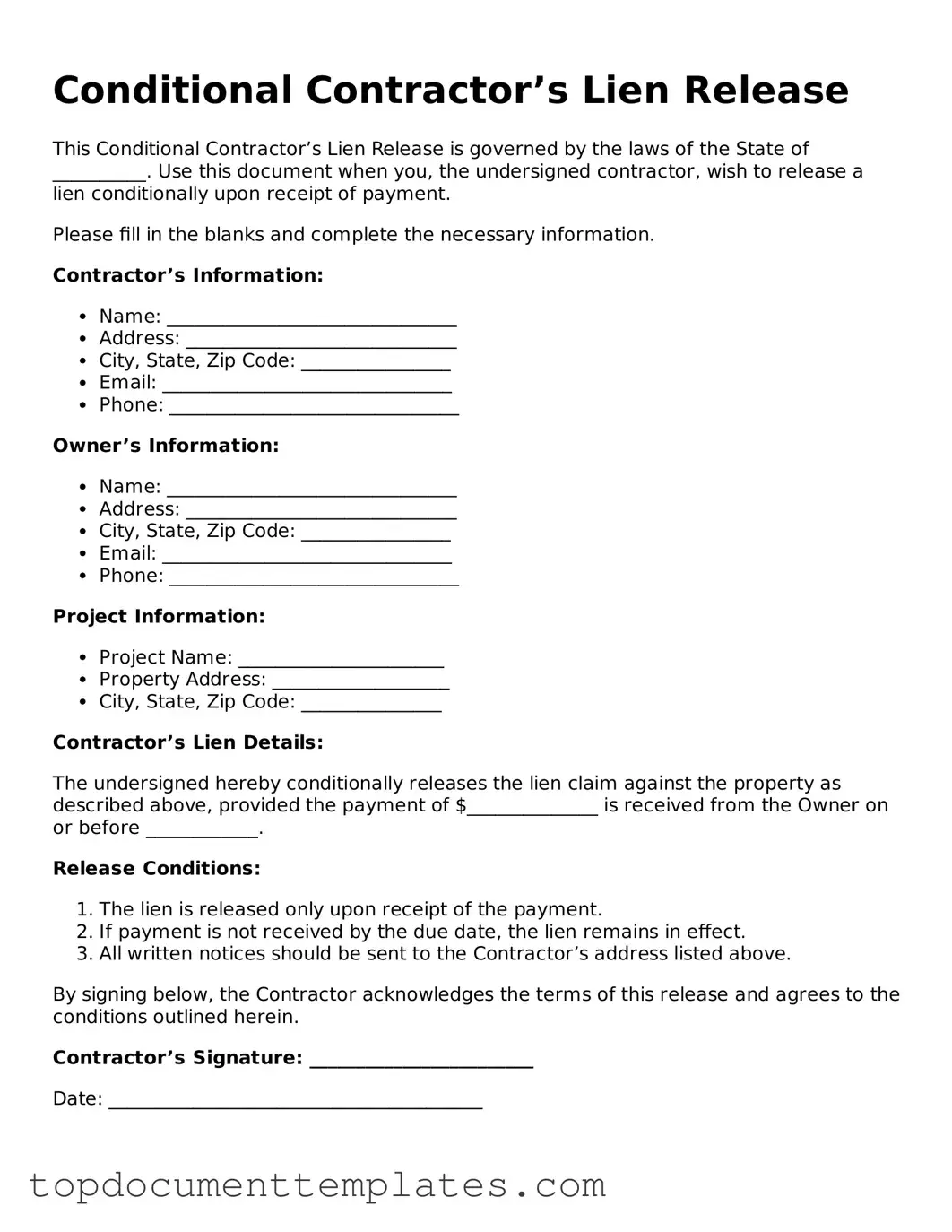 Official Conditional Contractor’s Lien Release Template