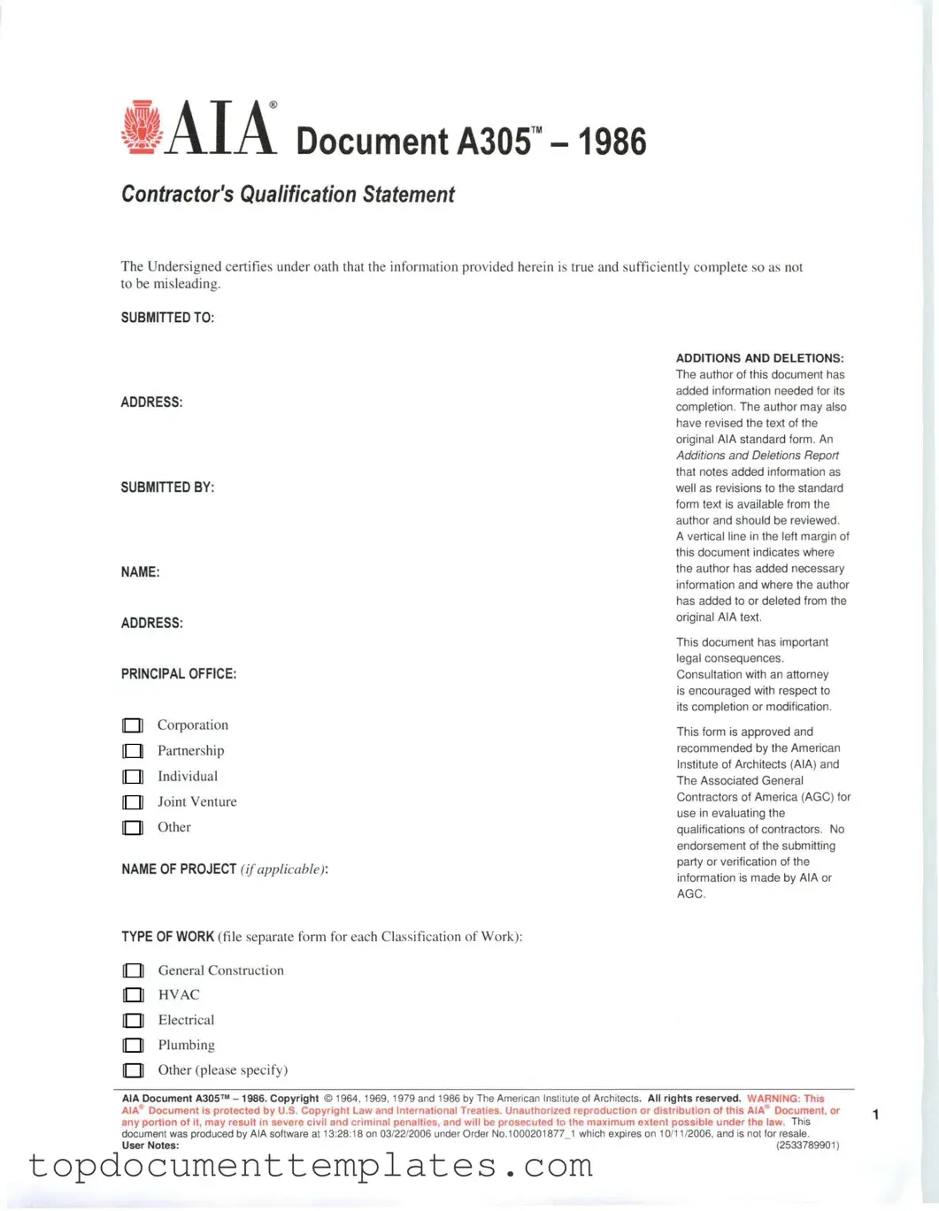 Blank AIA A305 PDF Form