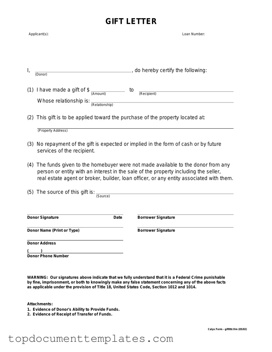 Blank Gift Letter PDF Form