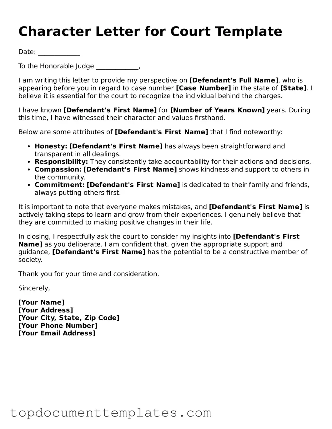 Official Character Letter for Court Template