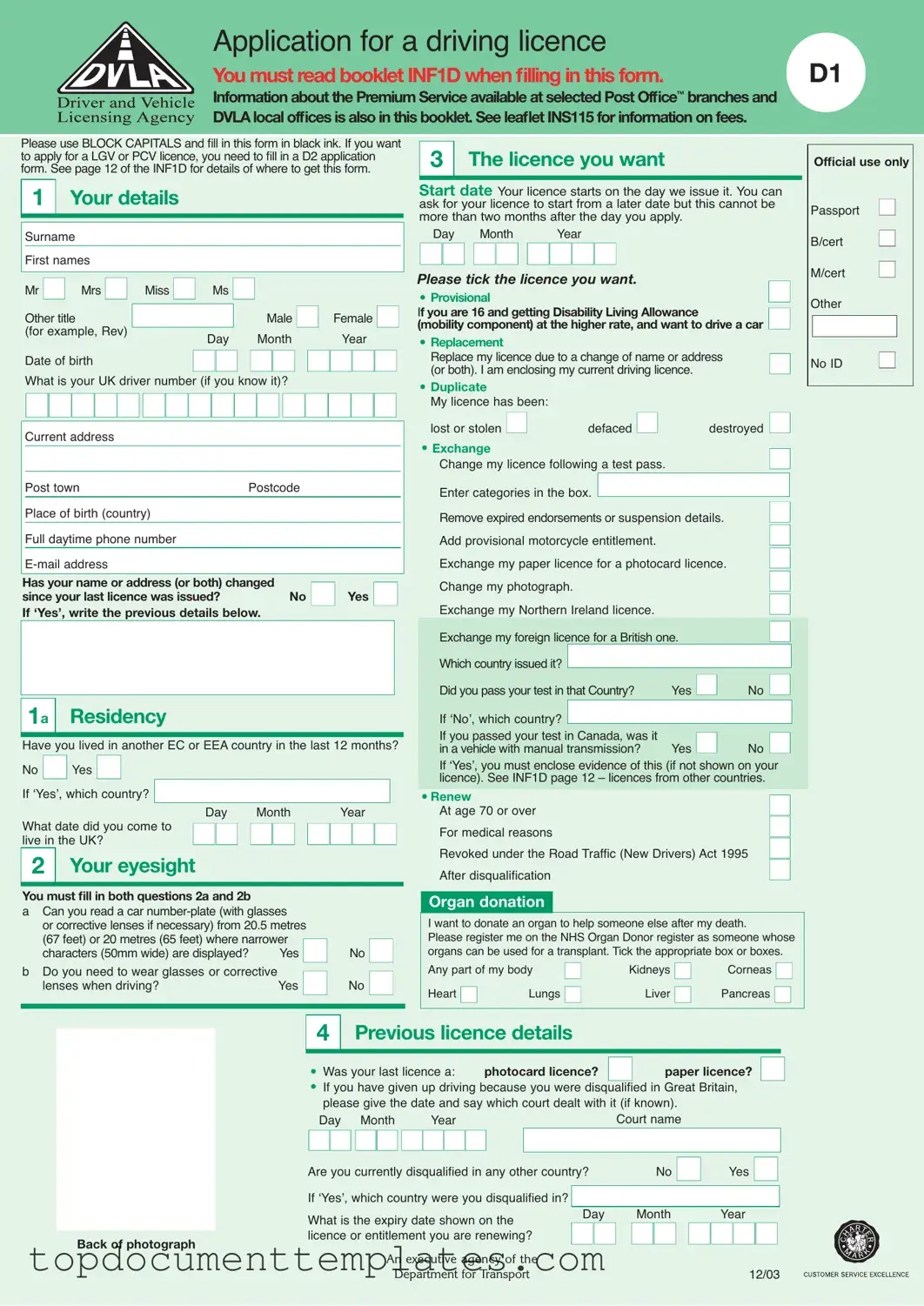 Blank D1 Dvla PDF Form