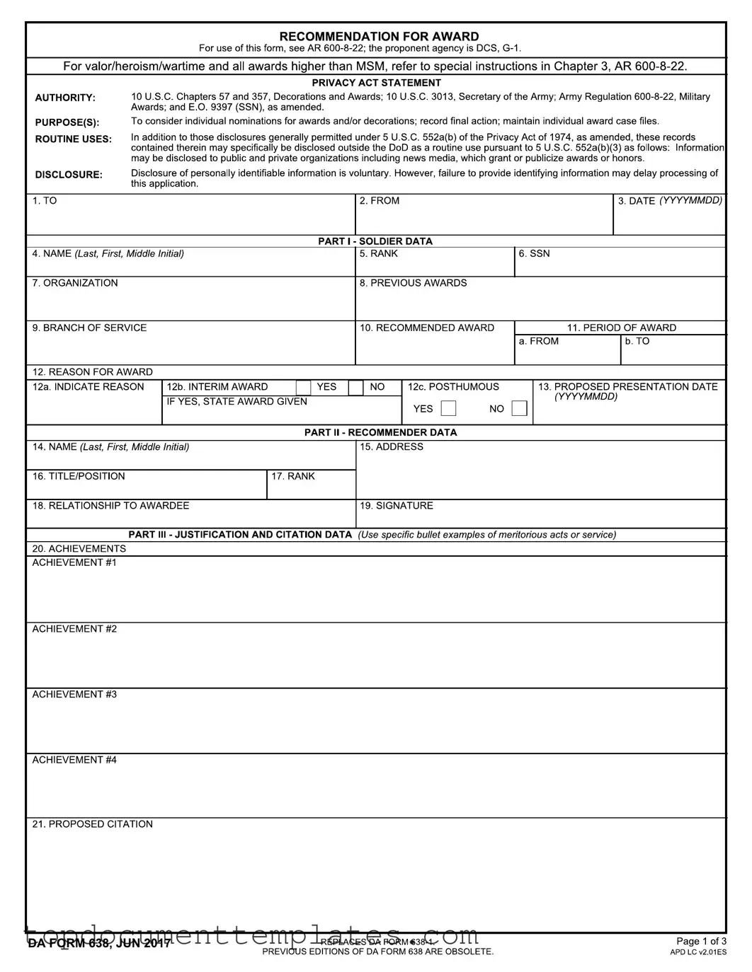 Blank Da 638 PDF Form