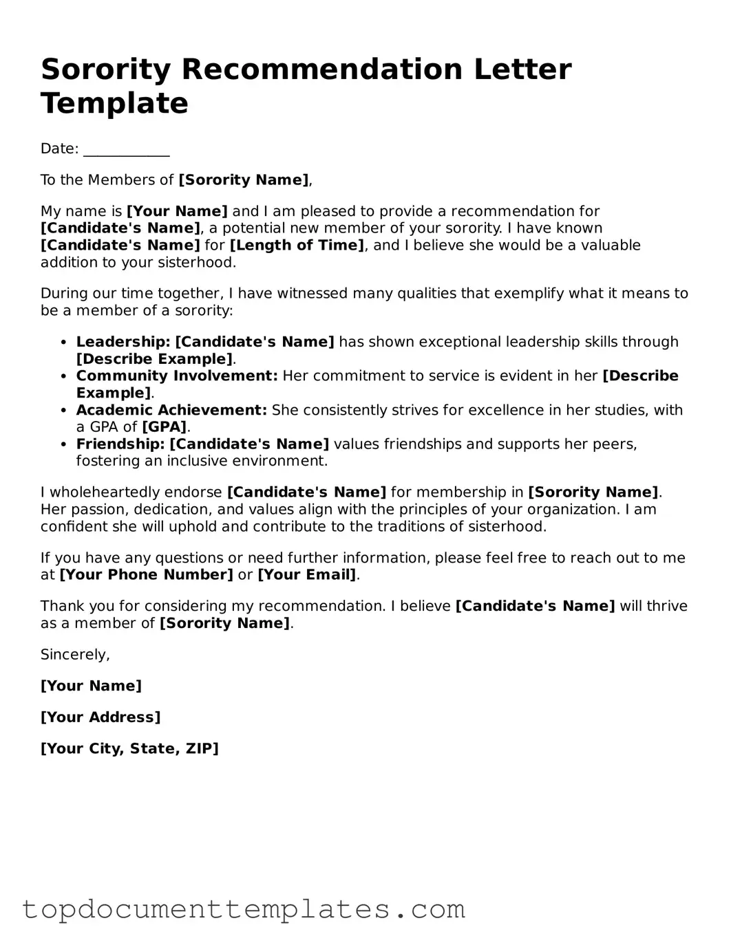 Official Sorority Recommendation Letter Template