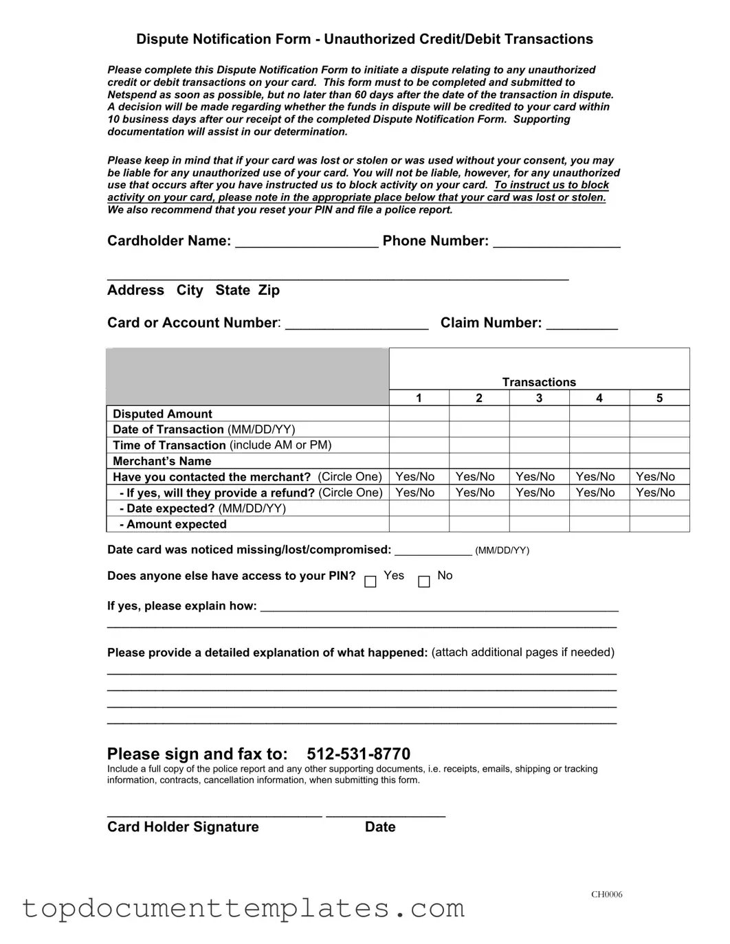 Blank Netspend Dispute PDF Form