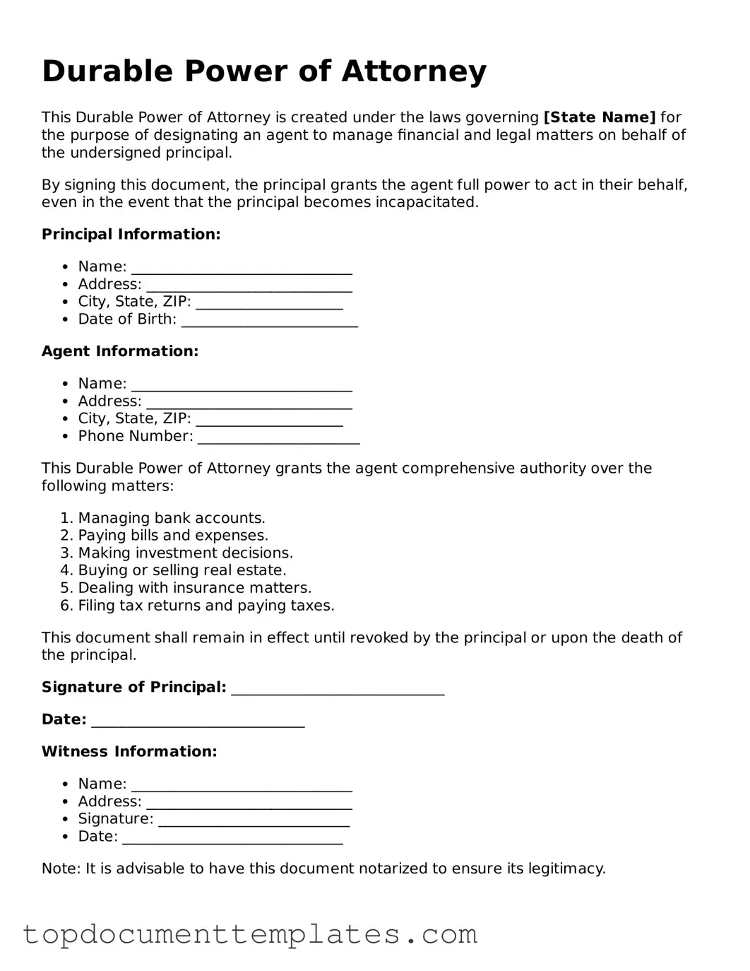 Official Durable Power of Attorney Template