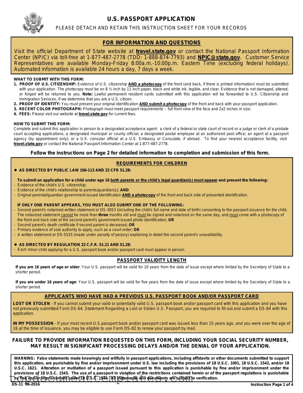 Blank DS-11 U.S. Passport application PDF Form