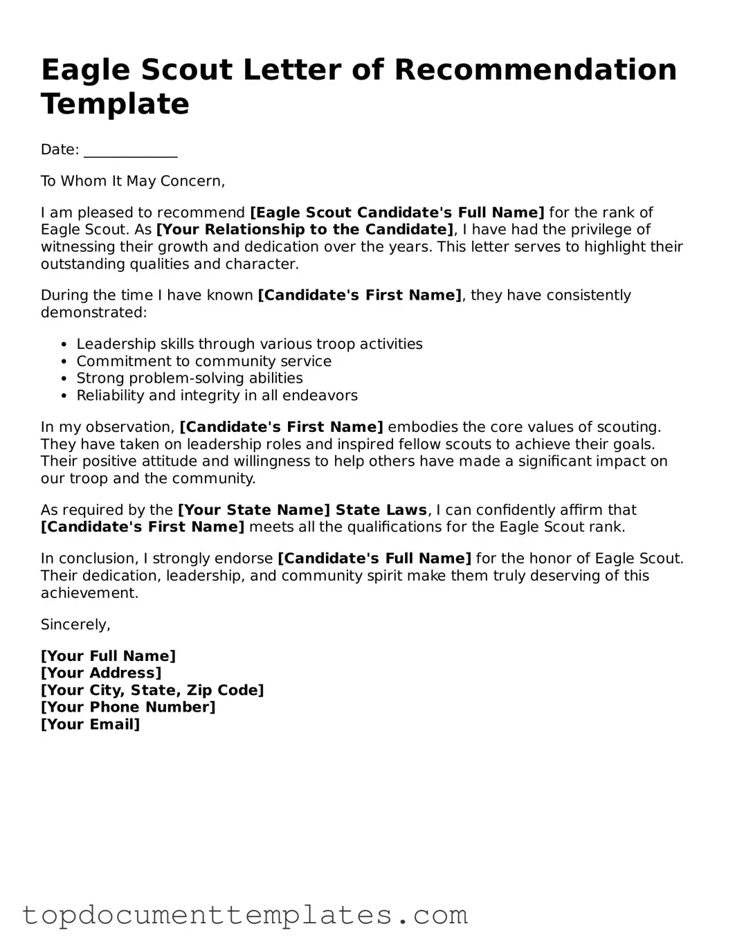 Official Eagle Scout Letter of Recommendation Template