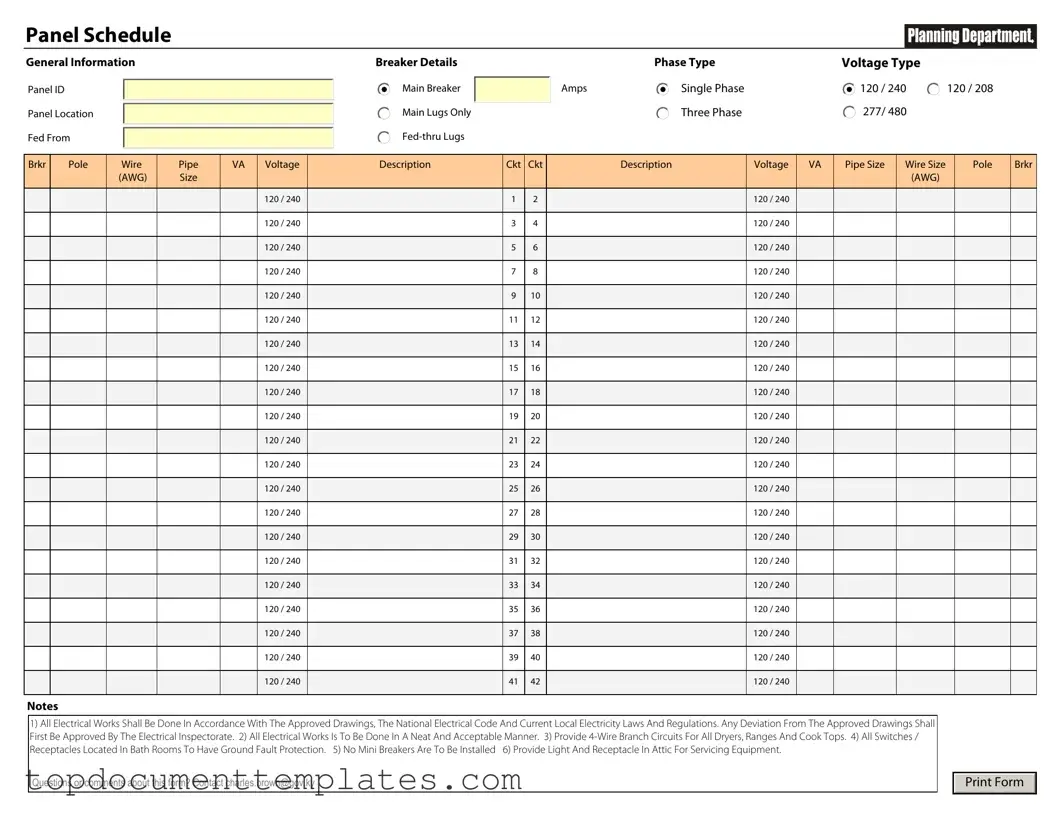 Blank Electrical Panel Schedule PDF Form