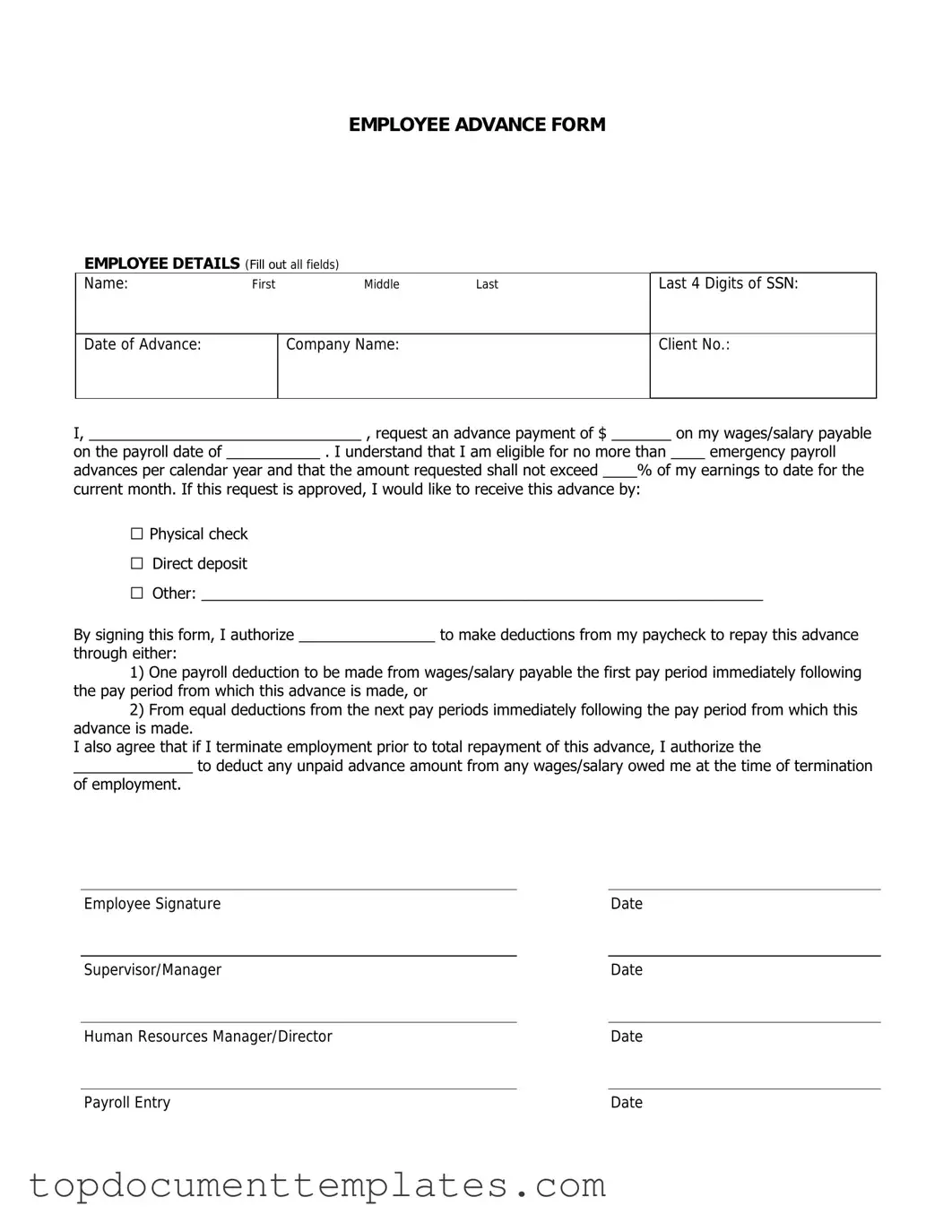 Blank Employee Advance PDF Form