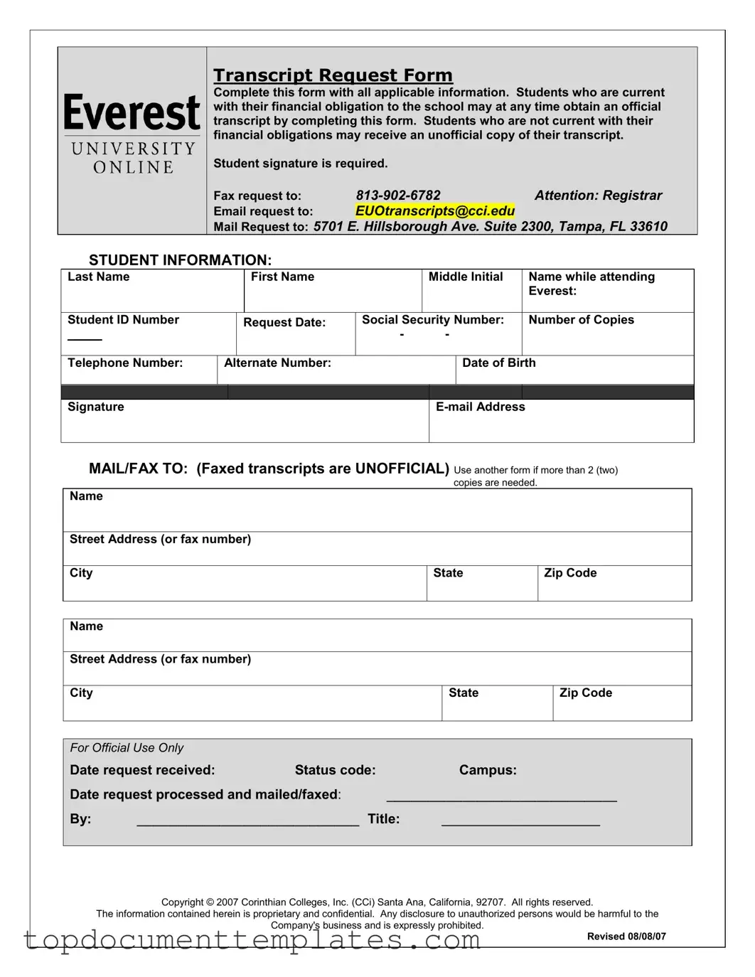 Blank Everest University Transcript PDF Form