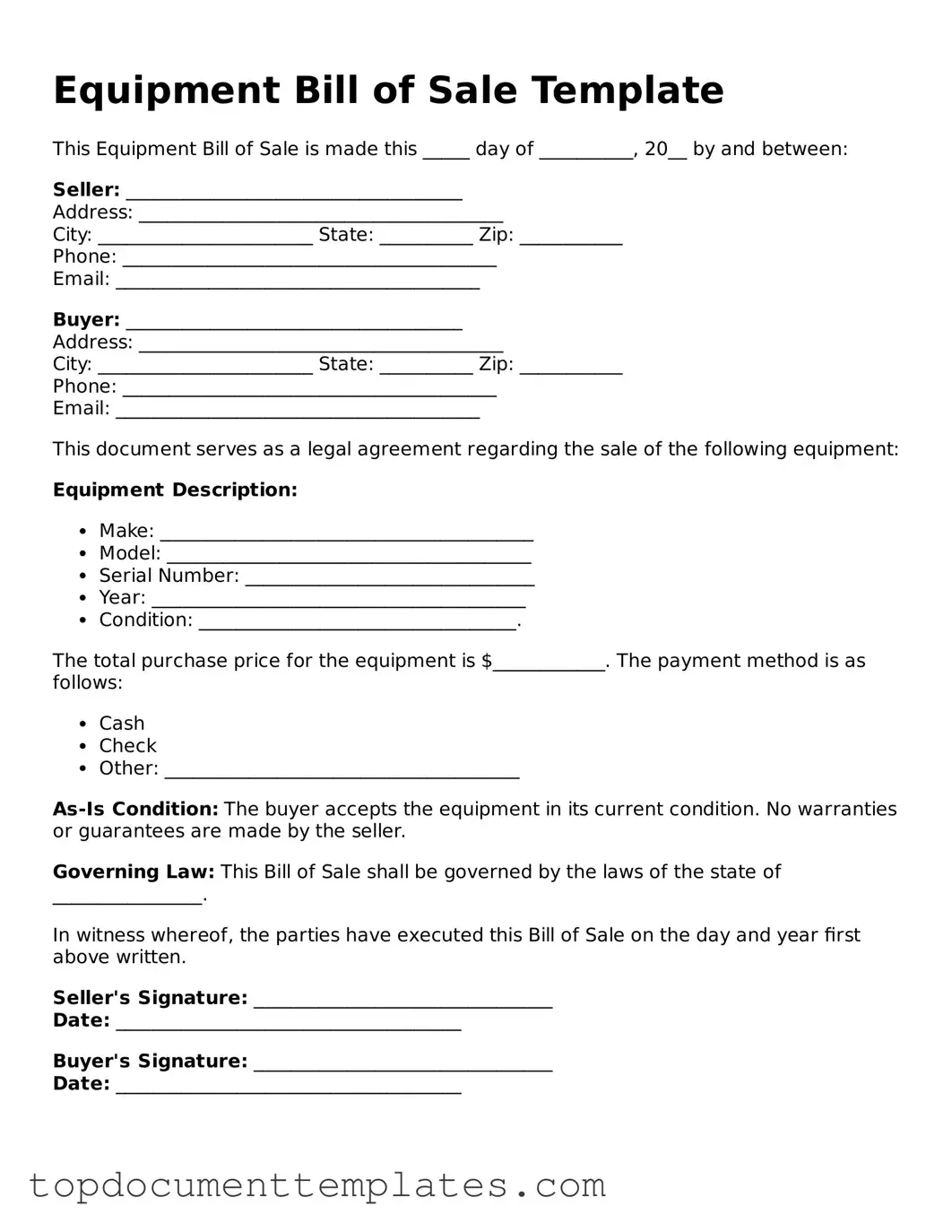 Official Equipment Bill of Sale Template