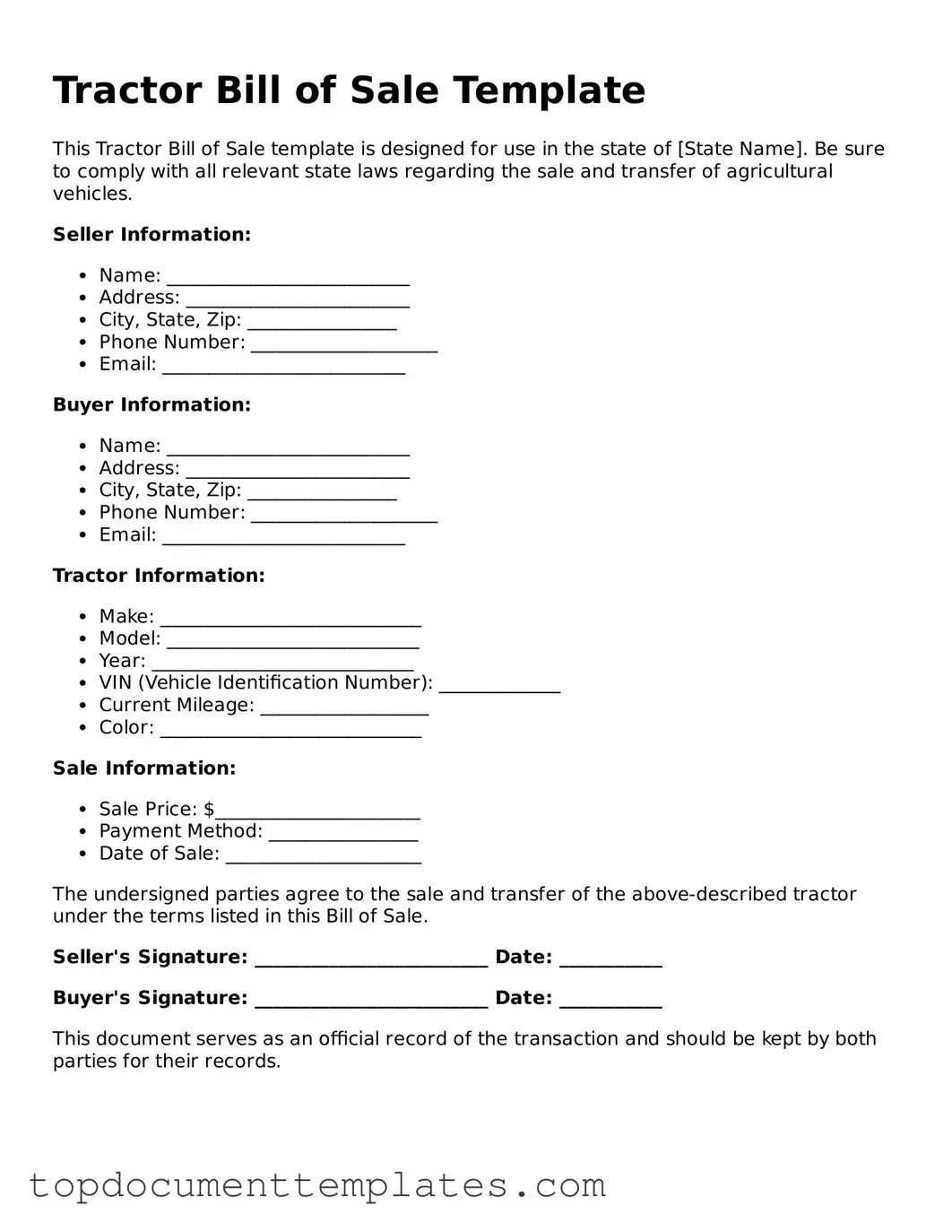 Official Tractor Bill of Sale Template