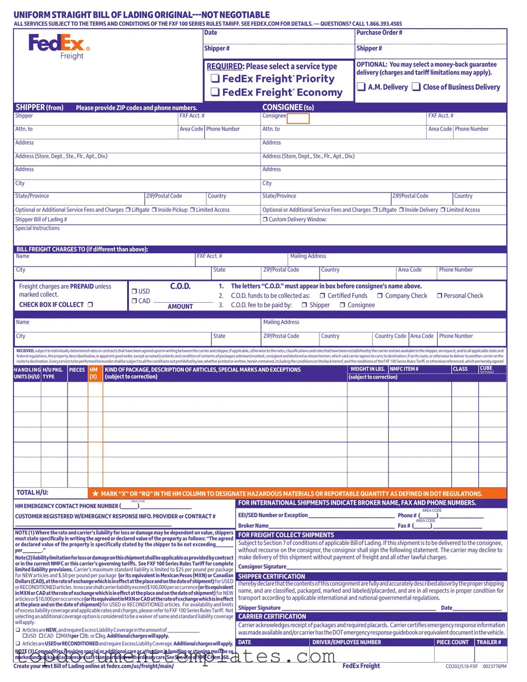 Blank Fedex Bill Of Lading PDF Form