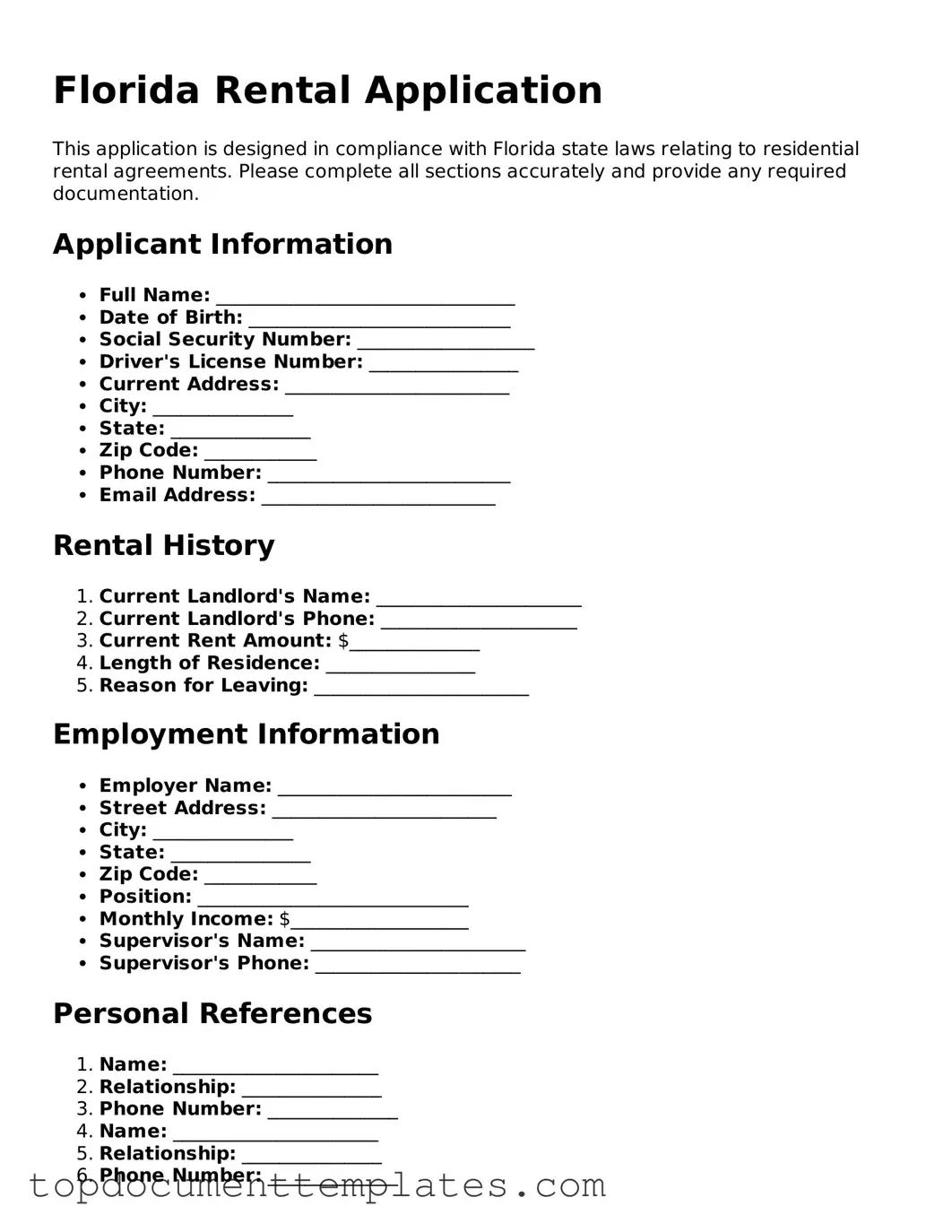 Valid Rental Application Form for Florida State