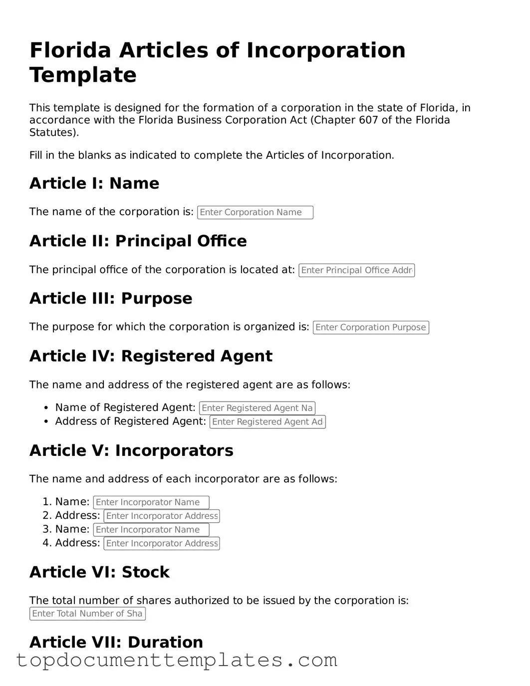 Valid Articles of Incorporation Form for Florida State