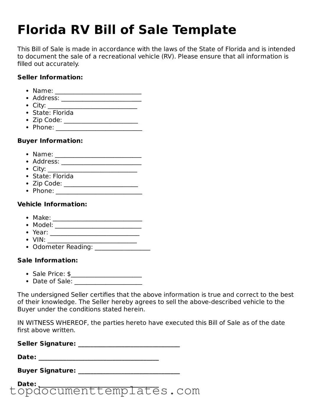 Valid RV Bill of Sale Form for Florida State