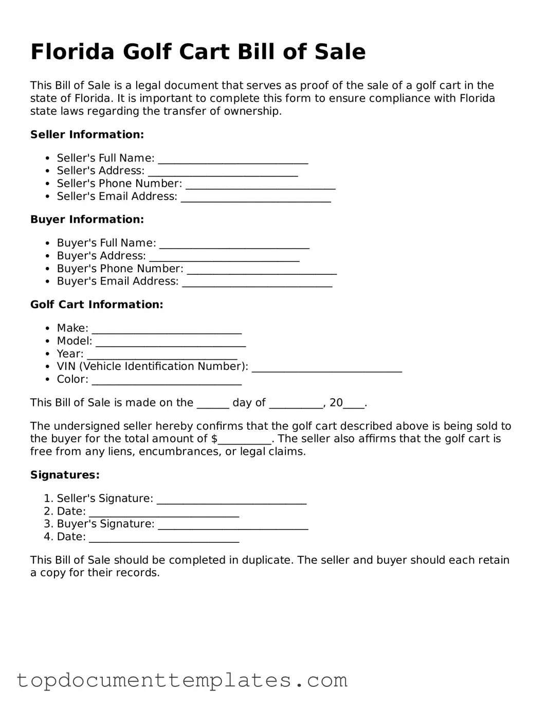 Valid Golf Cart Bill of Sale Form for Florida State