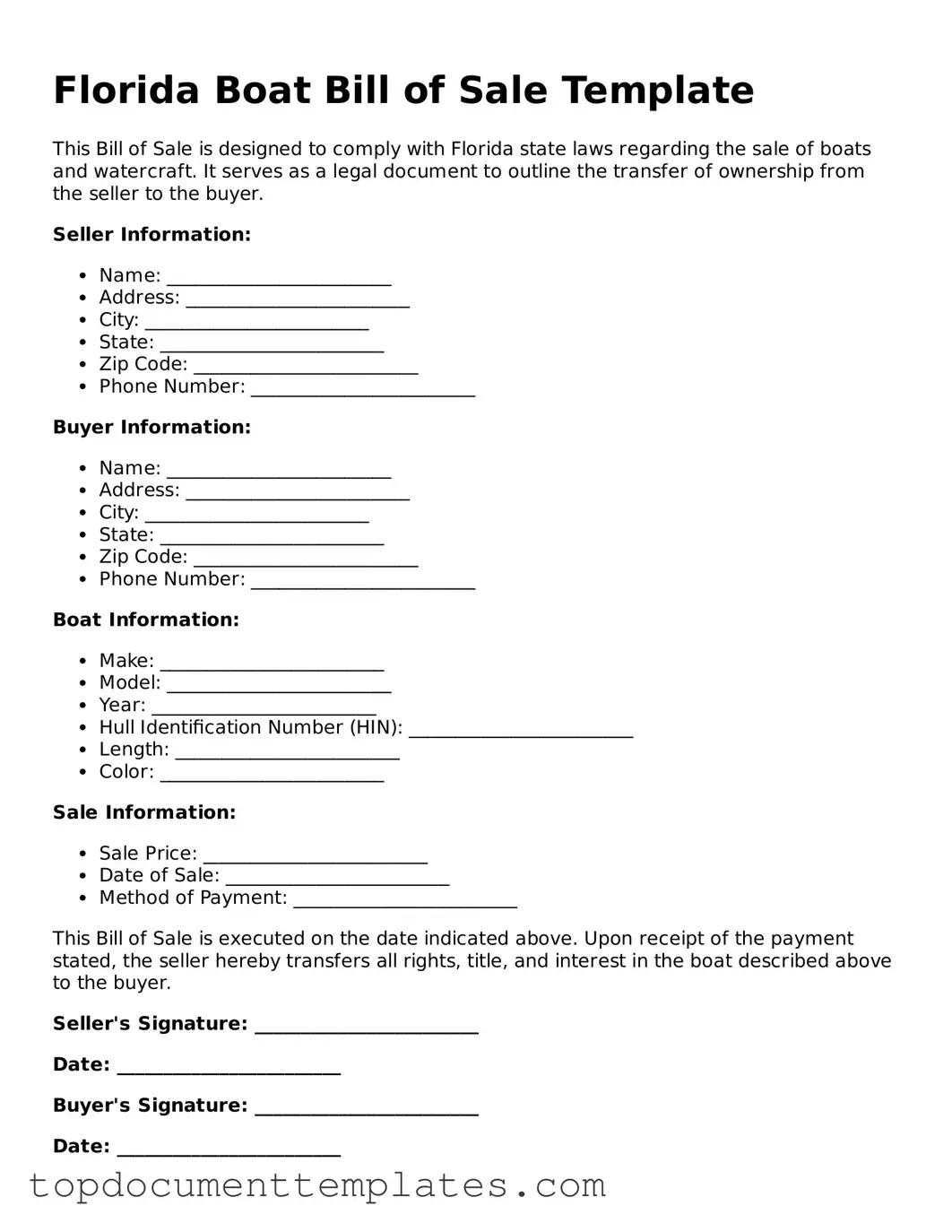 Valid Boat Bill of Sale Form for Florida State