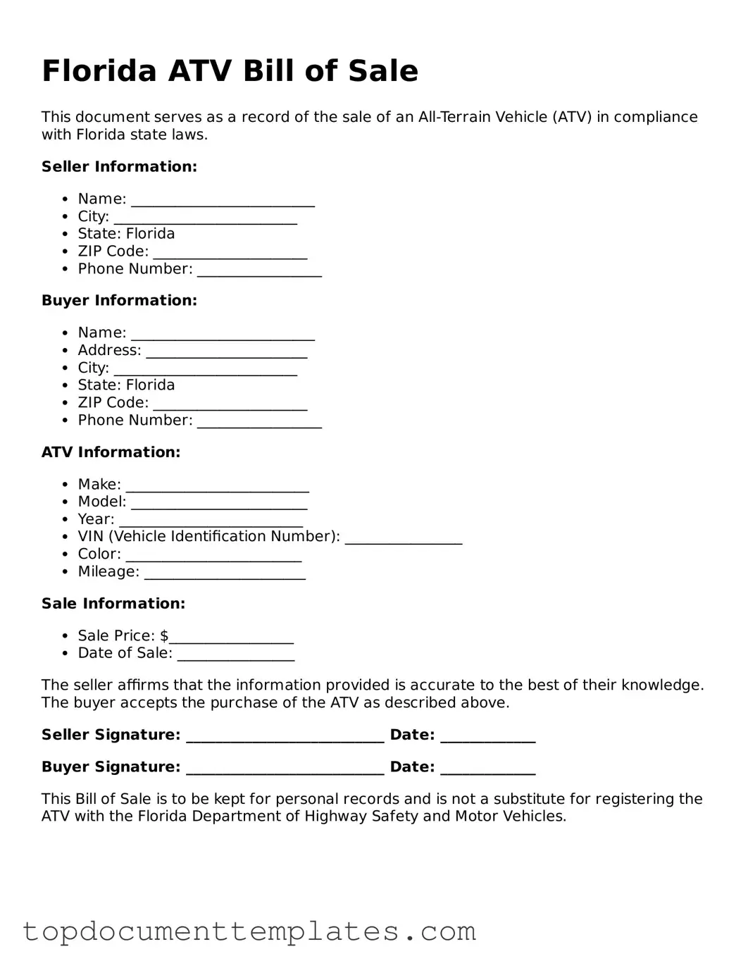 Valid ATV Bill of Sale Form for Florida State