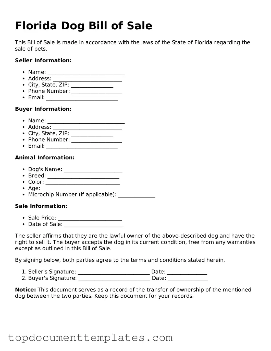 Valid Dog Bill of Sale Form for Florida State