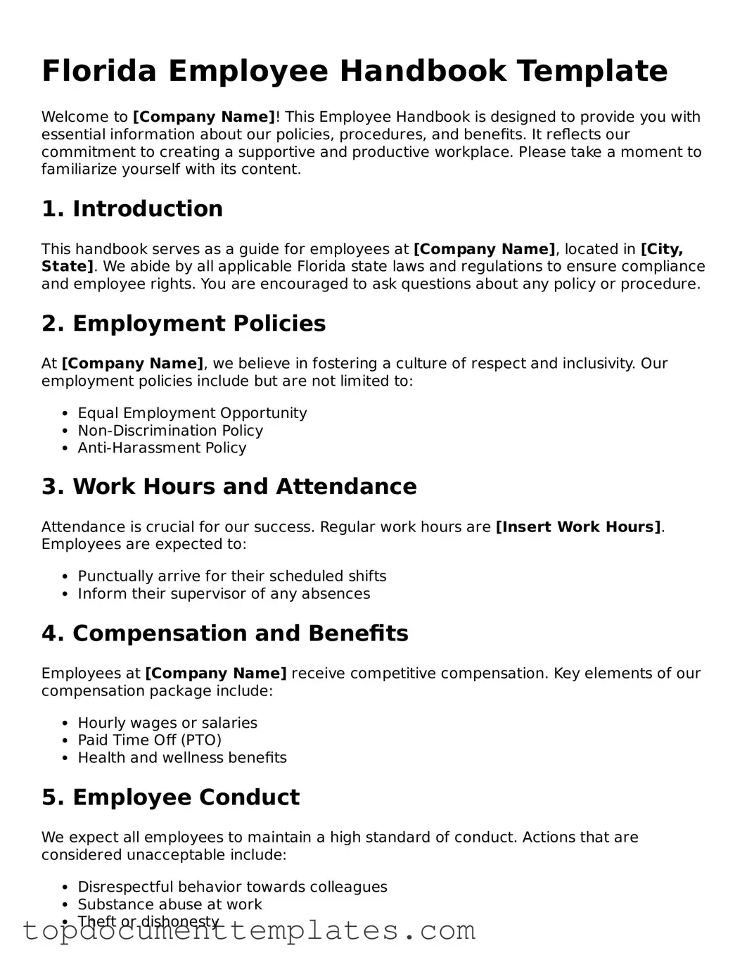 Valid Employee Handbook Form for Florida State