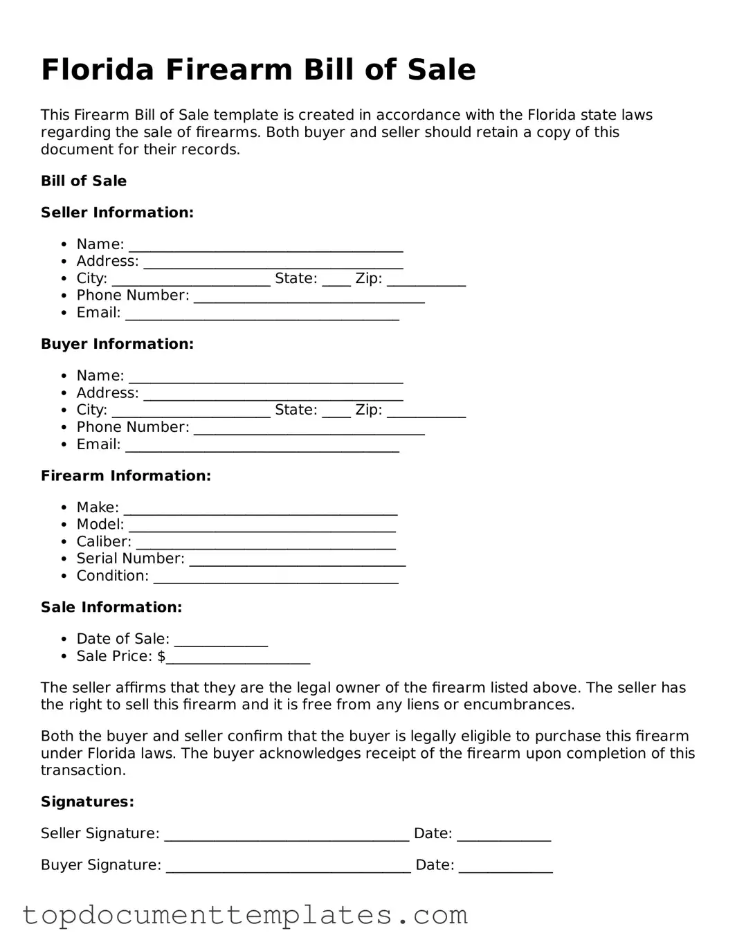 Valid Firearm Bill of Sale Form for Florida State