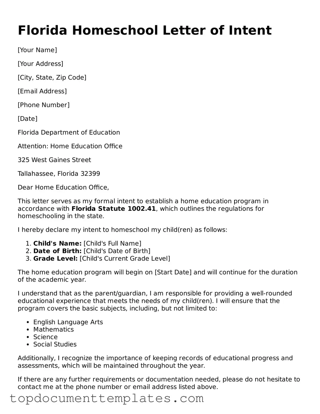 Valid Homeschool Letter of Intent Form for Florida State