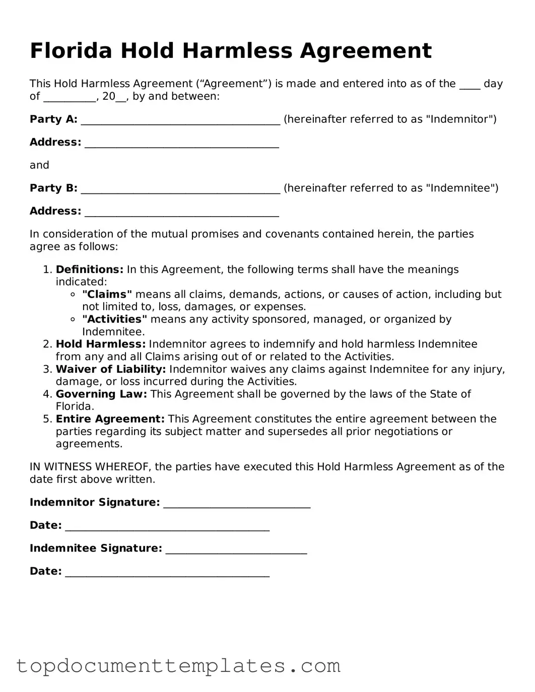 Valid Hold Harmless Agreement Form for Florida State