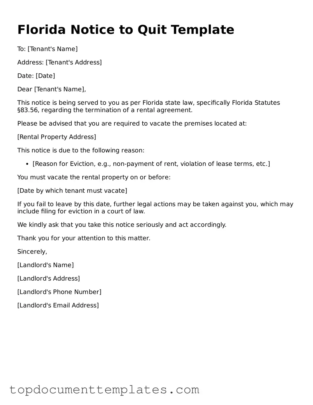 Valid Notice to Quit Form for Florida State