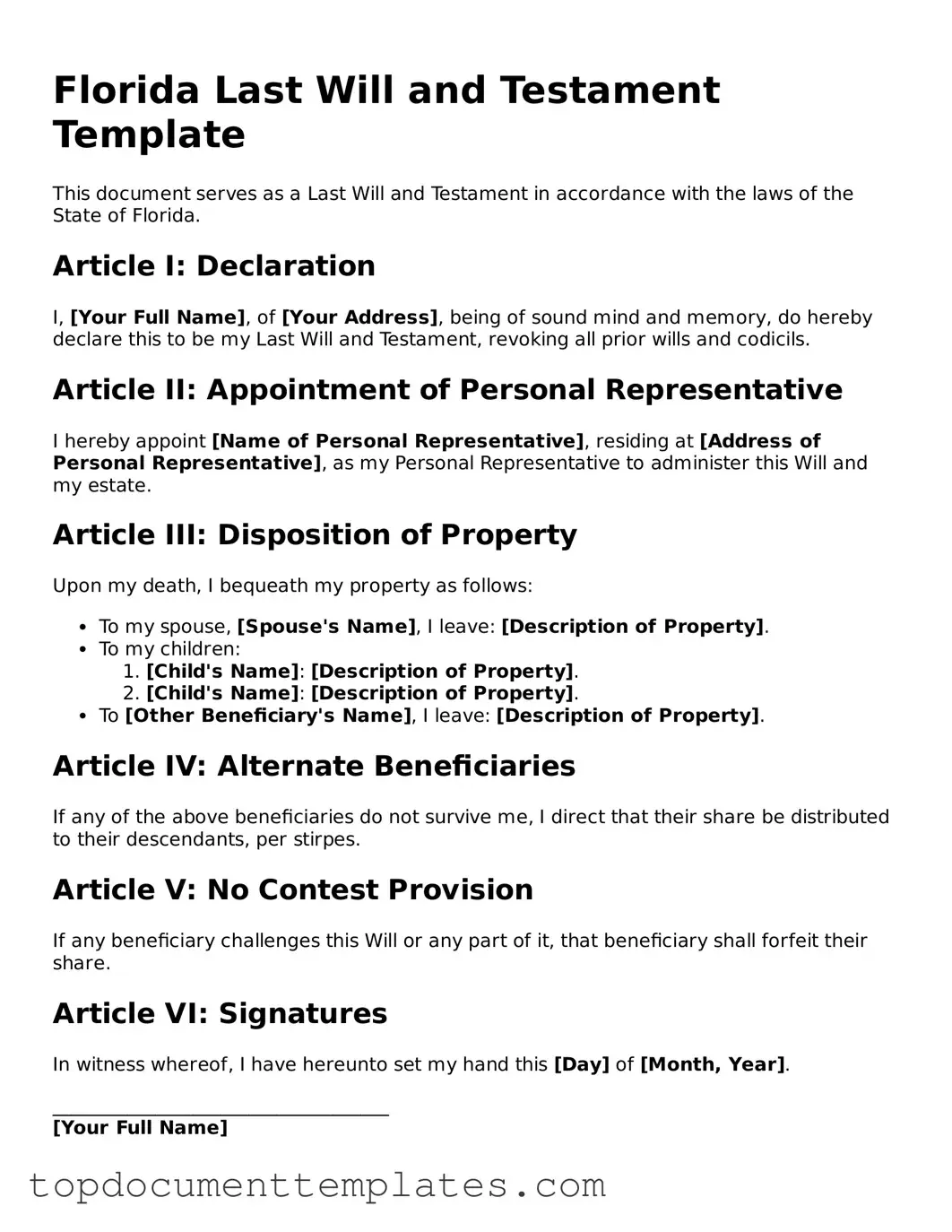 Valid Last Will and Testament Form for Florida State