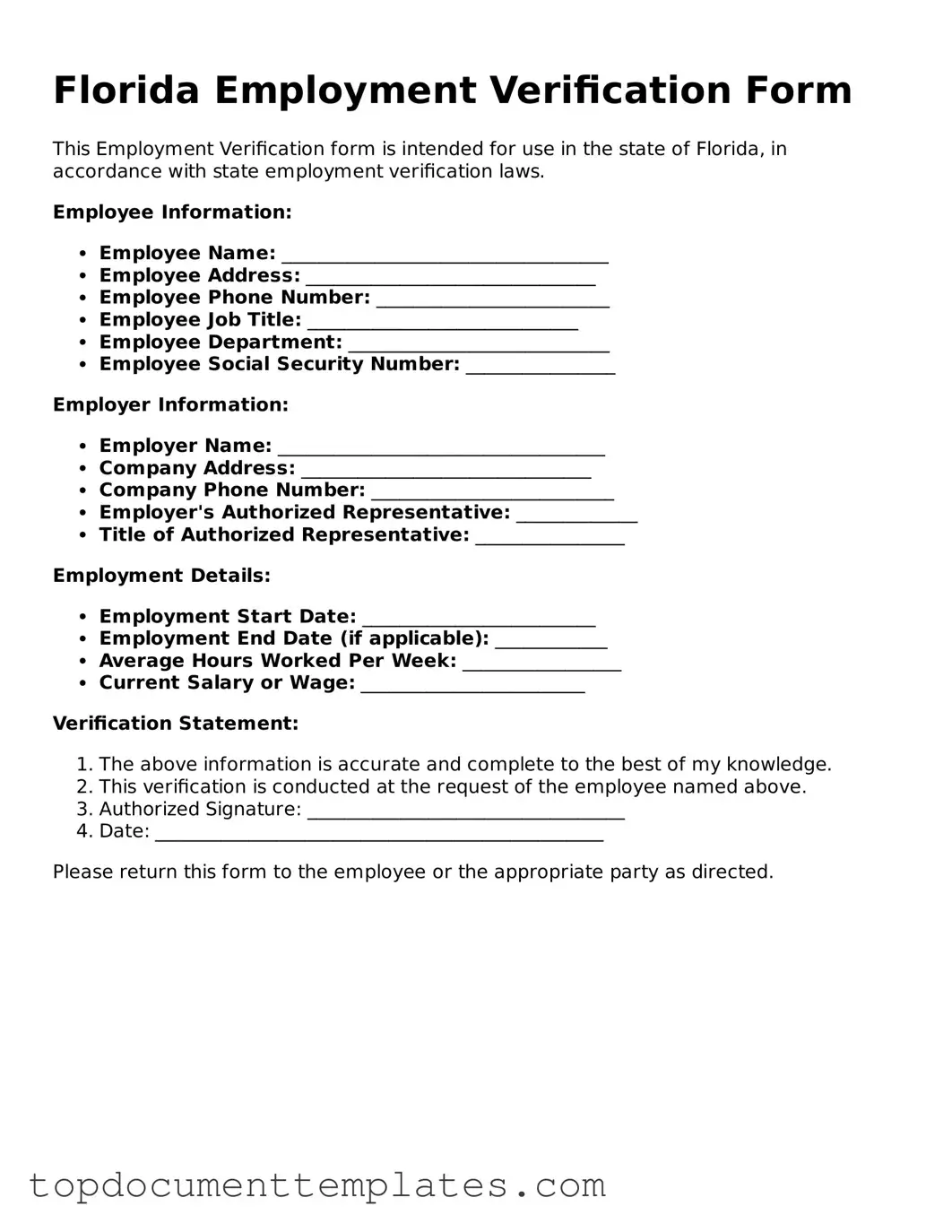 Valid Employment Verification Form for Florida State