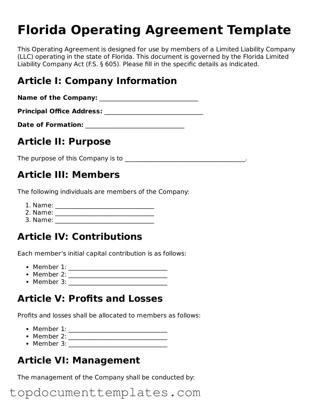 Valid Operating Agreement Form for Florida State