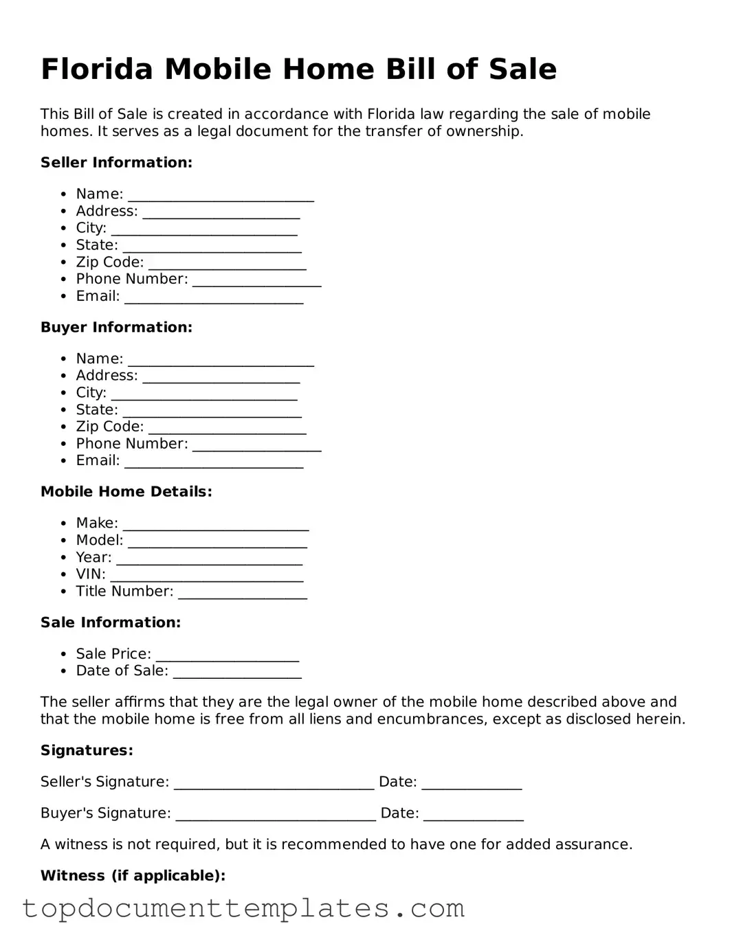 Valid Mobile Home Bill of Sale Form for Florida State