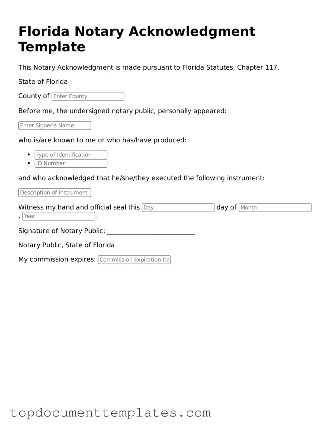 Valid Notary Acknowledgement Form for Florida State