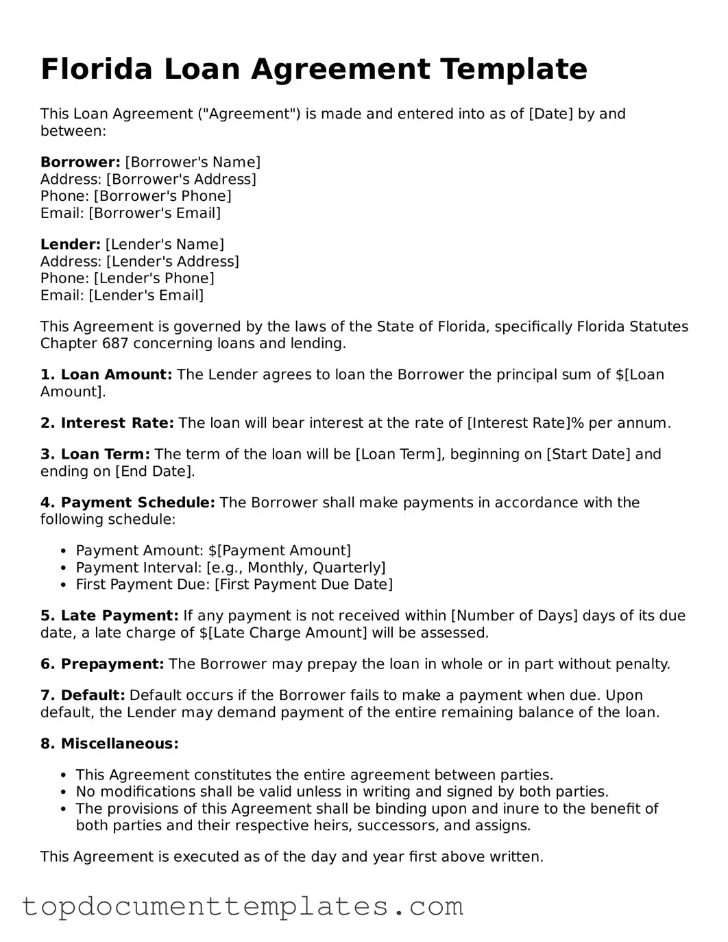 Valid Loan Agreement Form for Florida State