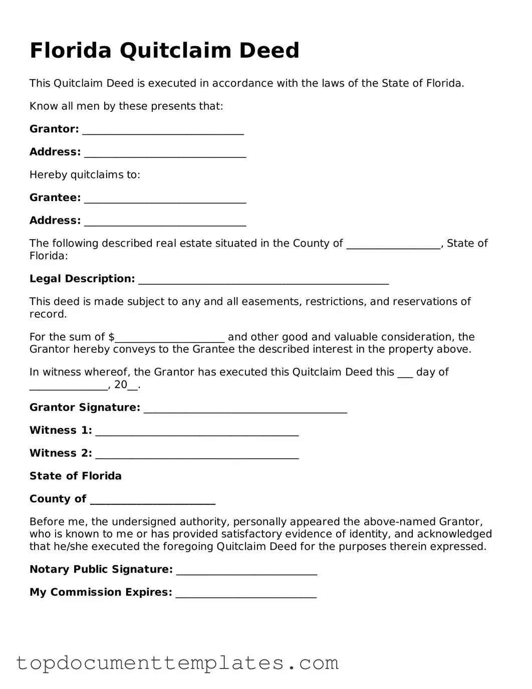 Valid Quitclaim Deed Form for Florida State