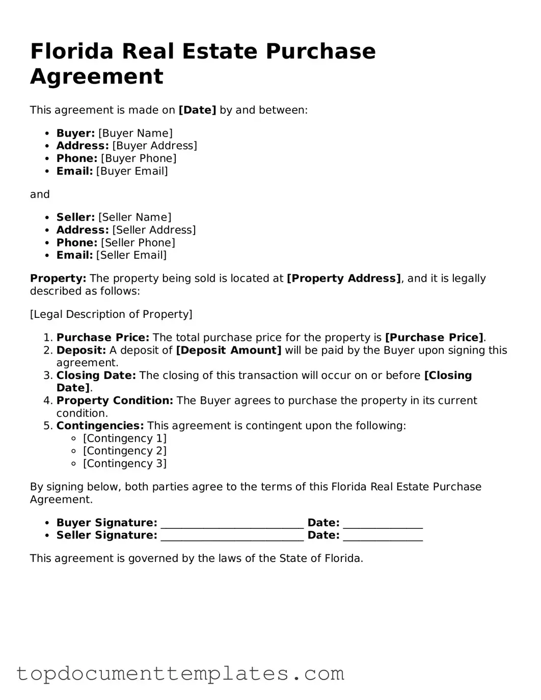 Valid Real Estate Purchase Agreement Form for Florida State