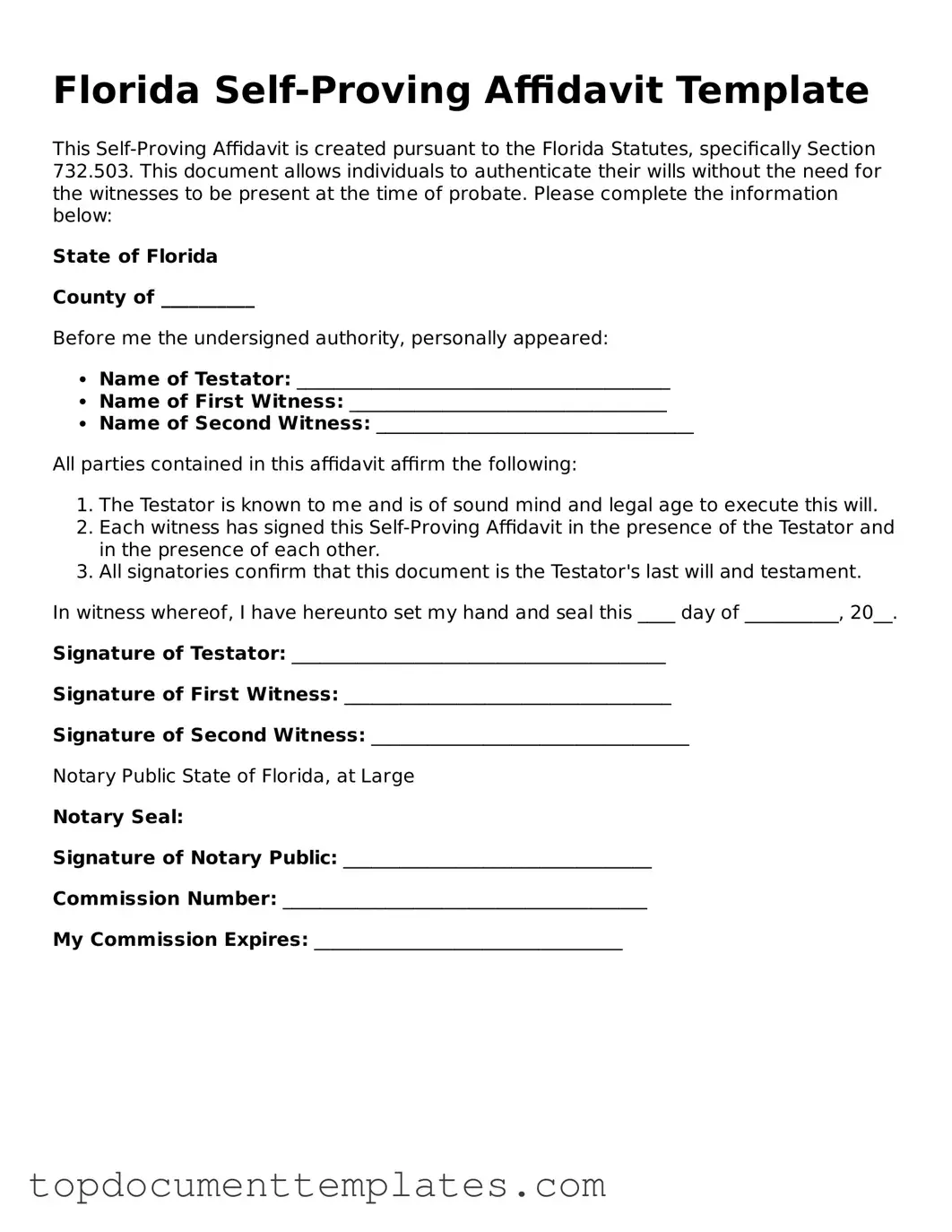 Valid Self-Proving Affidavit Form for Florida State