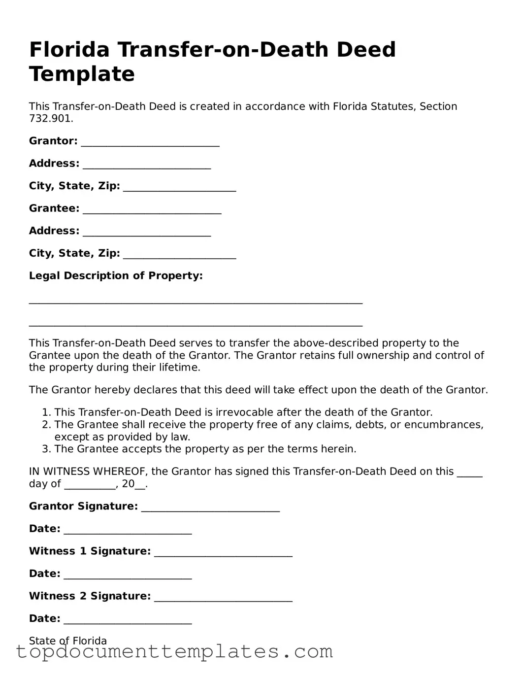 Valid Transfer-on-Death Deed Form for Florida State