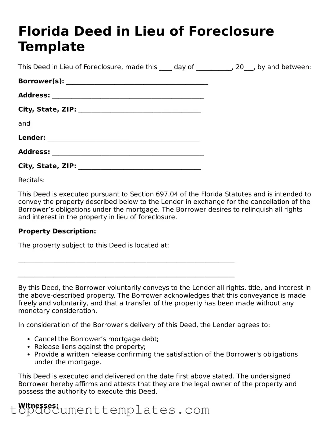 Valid Deed in Lieu of Foreclosure Form for Florida State