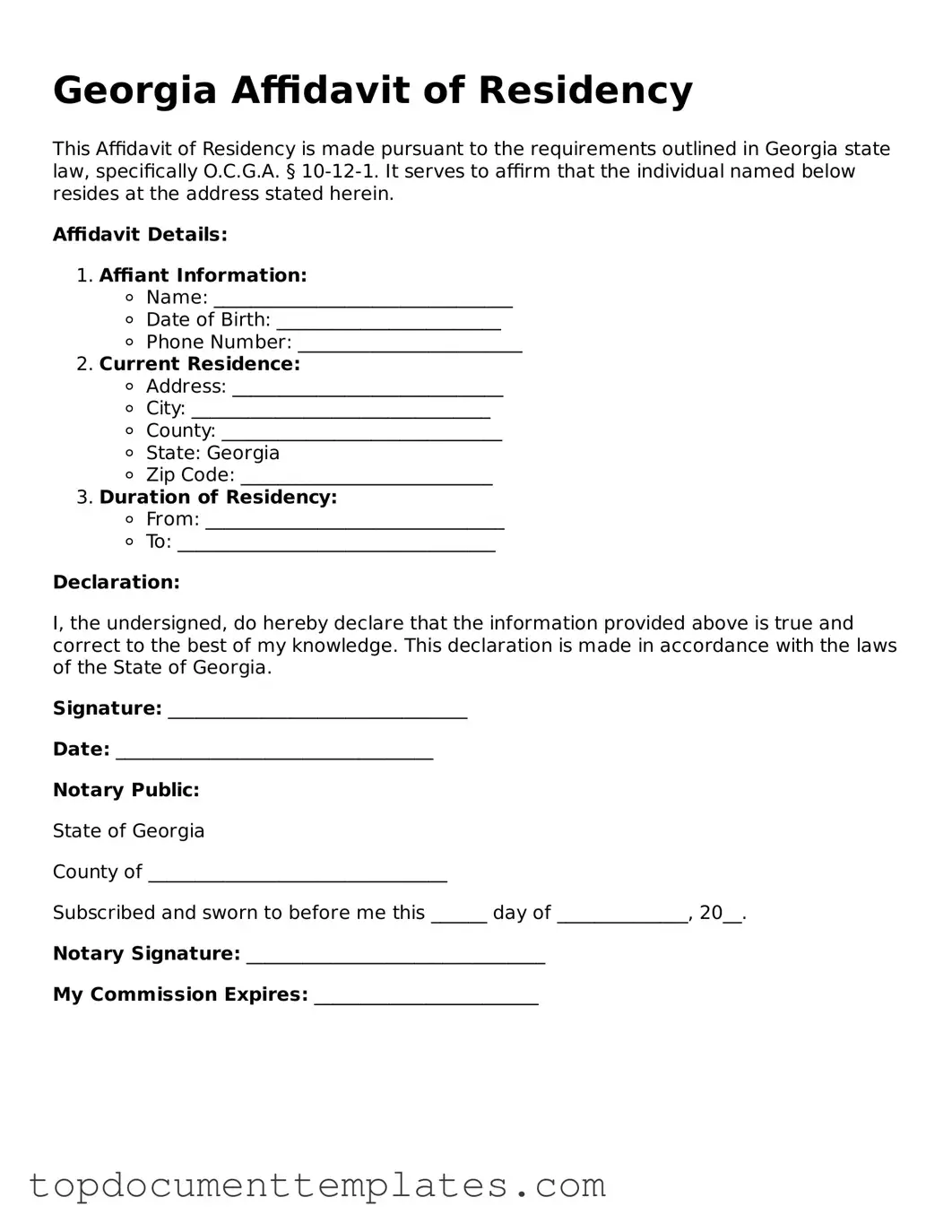 Valid Affidavit of Residency Form for Georgia State