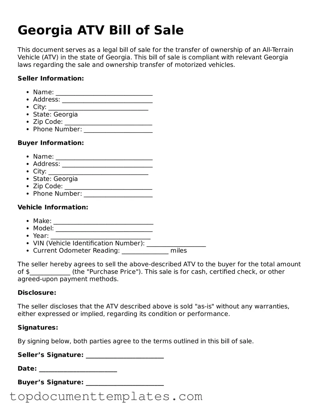 Valid ATV Bill of Sale Form for Georgia State