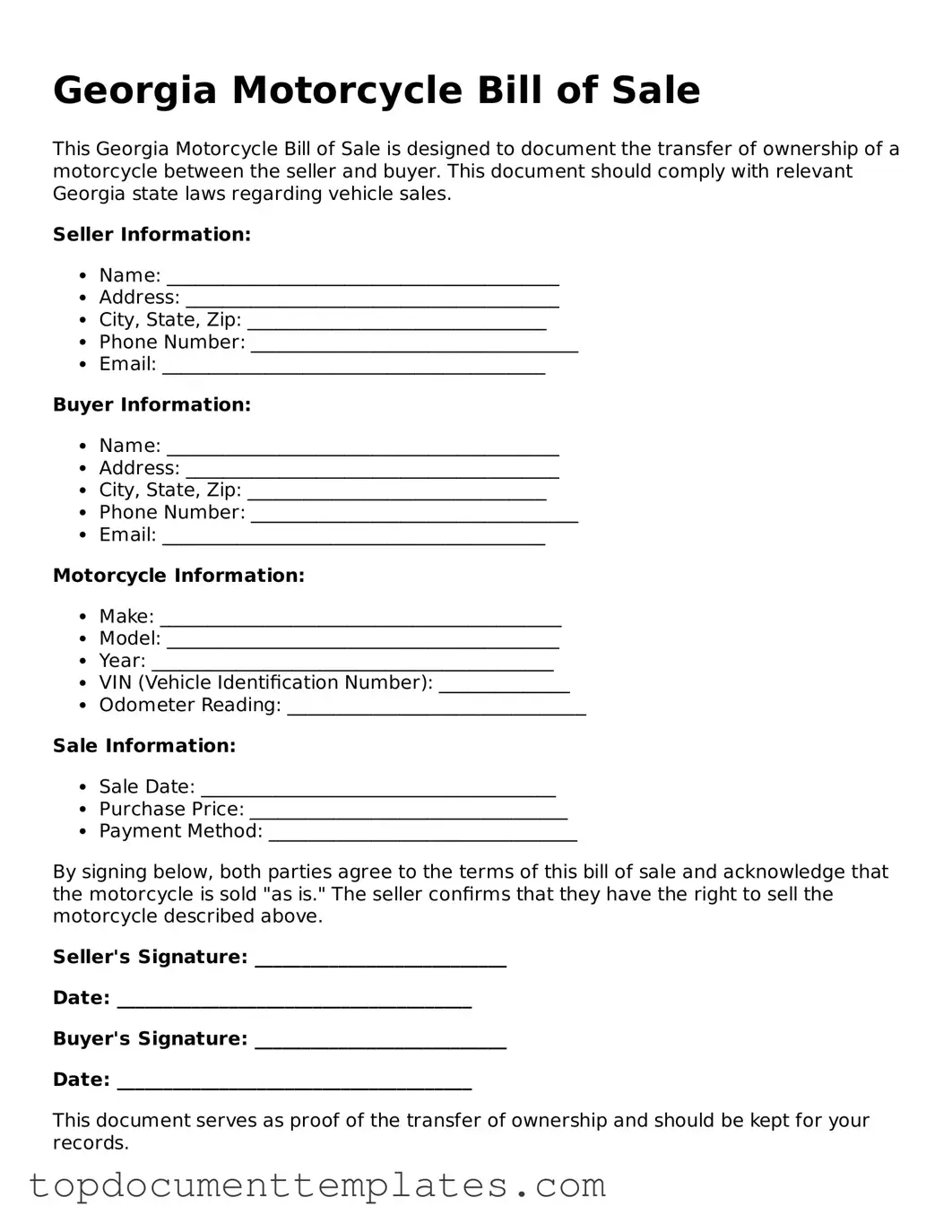 Valid Motorcycle Bill of Sale Form for Georgia State