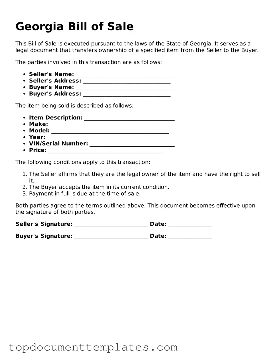 Valid Bill of Sale Form for Georgia State
