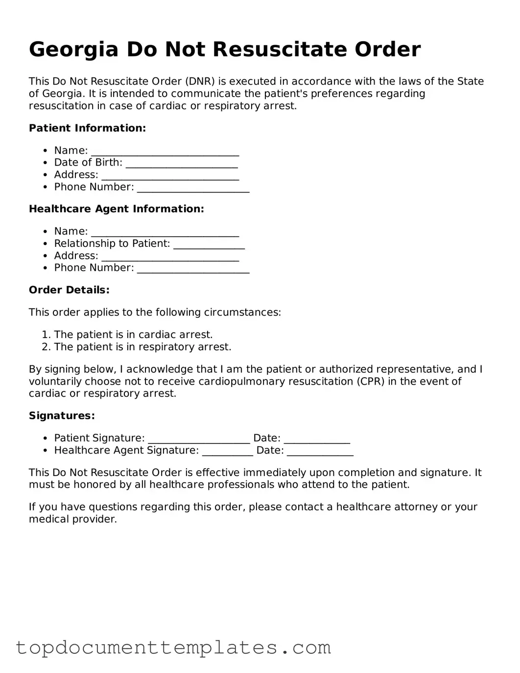 Valid Do Not Resuscitate Order Form for Georgia State