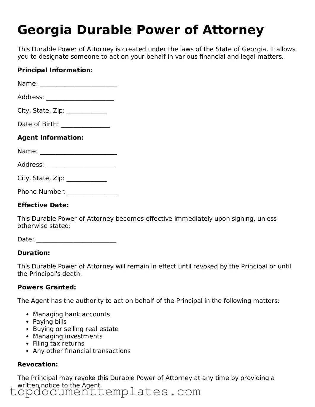 Valid Durable Power of Attorney Form for Georgia State