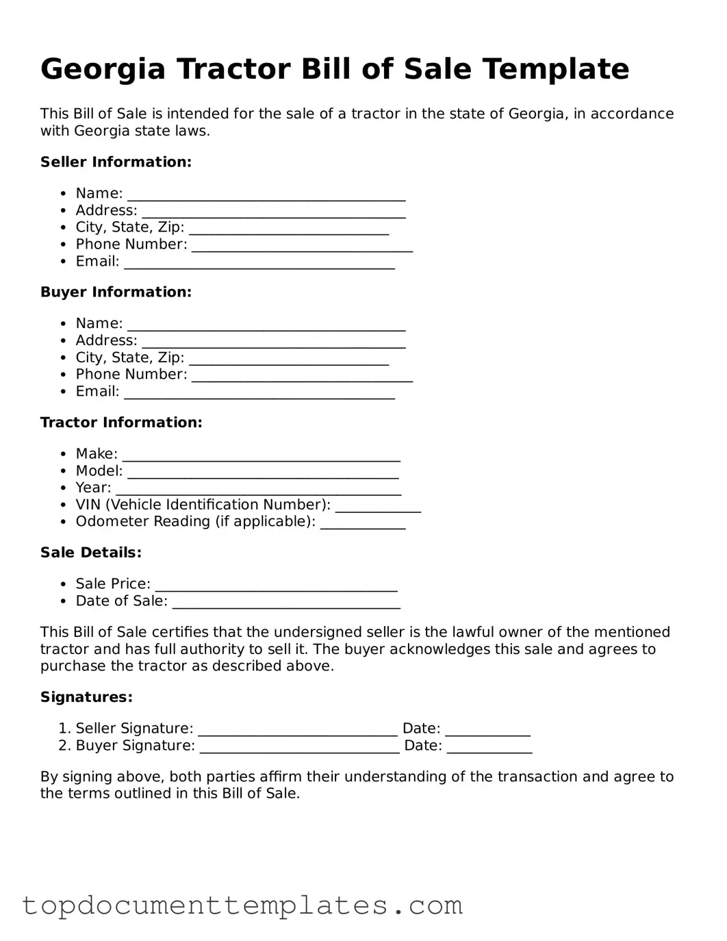 Valid Tractor Bill of Sale Form for Georgia State